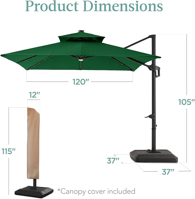 Best Choice Products 10x10ft Cantilever Patio Umbrella w/Base Included, Solar LED Lights 360 Rotation Large Offset Hanging Outdoor Shade for Deck Pool Backyard w/Stand – Green