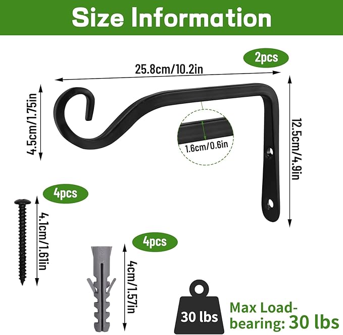 Plant Hangers Outdoor 2 Pack 10 Inch Metal Hanging Plant Bracket Metal Hanging Plant Hooks Indoor, Wall Hooks for Hanging Plants, Bird Feeder, Flower Basket, Wind Chimes Black (2PCS)