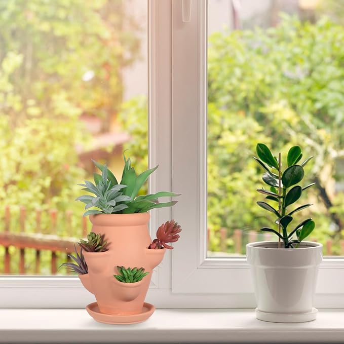 Strawberry Planter Garden Tower with 6 Pocket Terracotta Pot Vertical Garden Planters Pot Versatile Flower Container for Home Patio Balconies Gardening