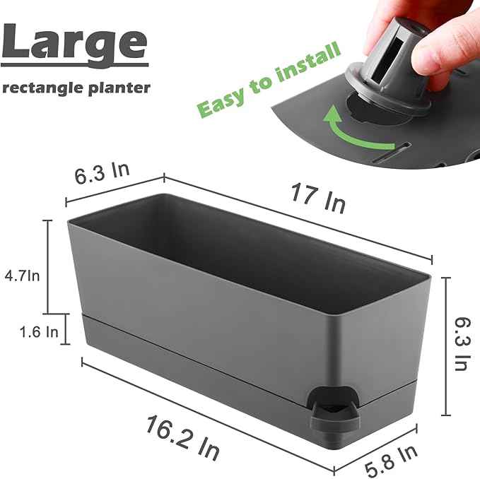 4 Pack Self Watering Pots for Indoor Plants 17 Inches Window Boxes Planters Rectangular Flower Pots Rectangle Herb Pots Large Plant Pots with Drainage Holes and Saucers Windowsill Planter, Grey