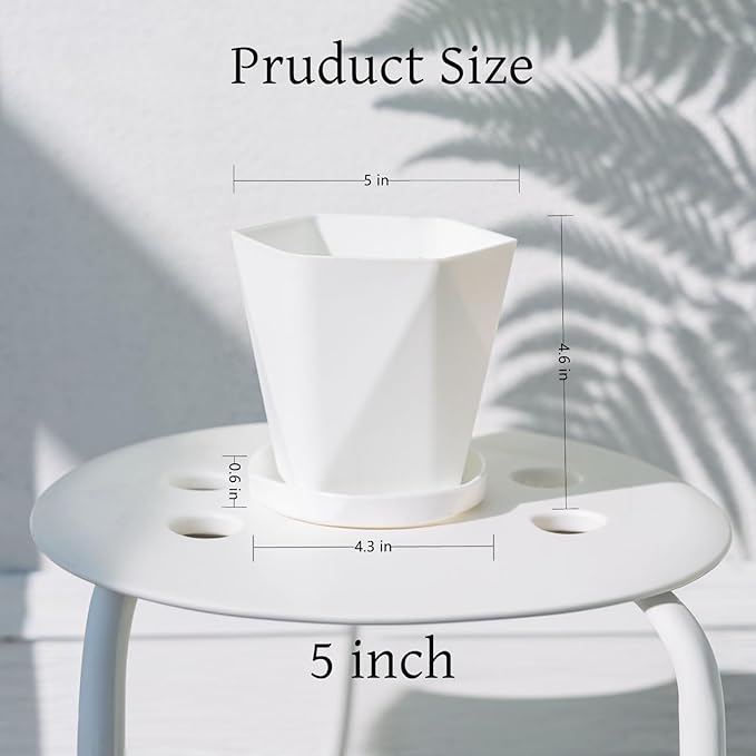 InmeRun Plant Pots Indoor Plastic Flower Pots Outdoor 5 inch Set of 12 Pack with Drainage Holes and Saucers for Garden Pots (5 in 12 White)