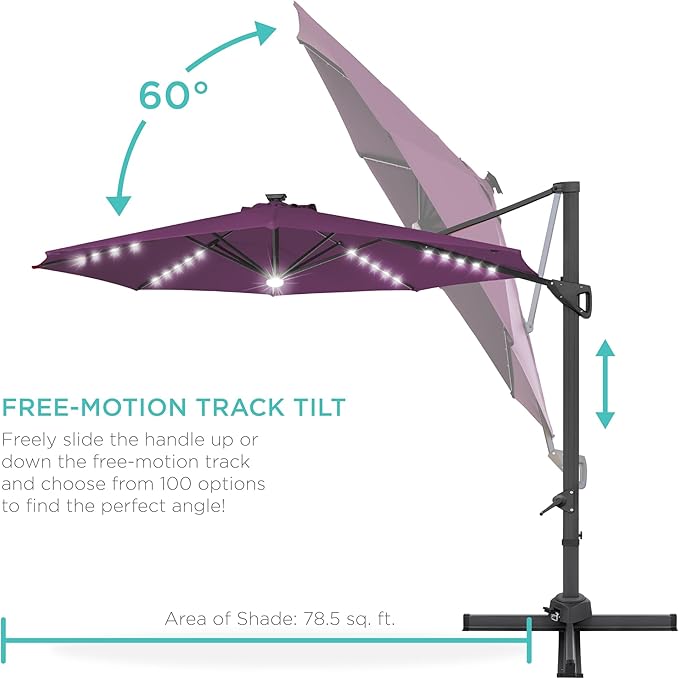 Best Choice Products 10ft Solar LED Cantilever Patio Umbrella, 360-Degree Rotation Hanging Offset Market Outdoor Sun Shade for Backyard, Deck, Poolside w/Lights, Easy Tilt, Cross Base
