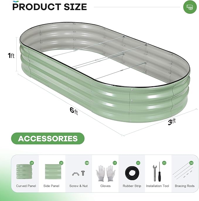 Galvanized Raised Garden Bed Outdoor, 6x3x1ft Oval Metal Raised Beds for Gardening, Rust-Resistant Garden Planter Box for Planting Vegetables, Flowers, Fruits in Backyard, Lawn(Avocado Green)