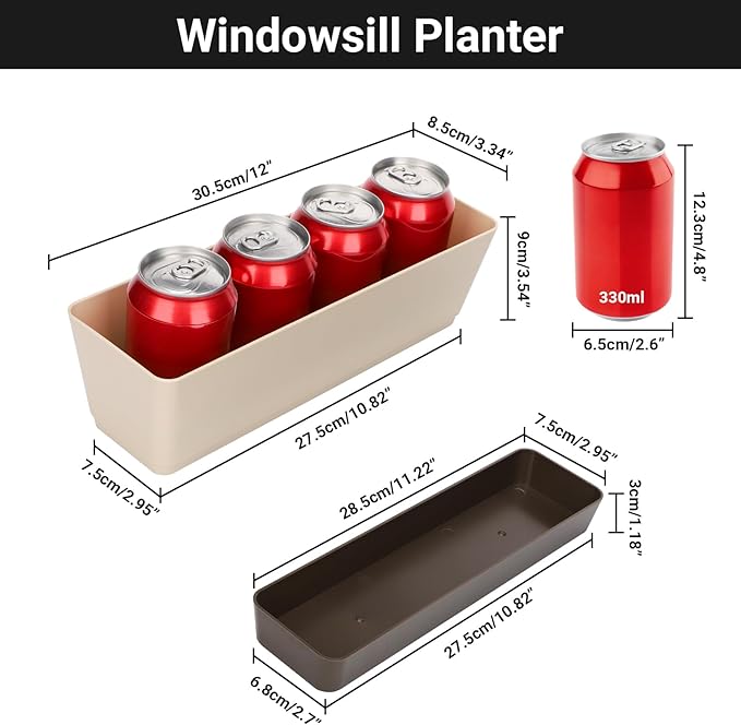 GREANER Planter Windowsill Box, 1 Pack 12x3.8 Inch Herb Rectangle Planter with Tray, Modern Indoor Succulent Cactus Plastic Plant Pot for Windowsill, Garden Balcony, Home Office Outdoor Decoration