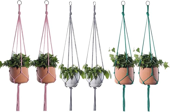 ELANE 6PCS Macrame Plant Hanger Indoor Hanging Planter Basket Decorative Tassels Flower Pot Holder for Indoor Outdoor Home Decor(Pink,Grey,Green)