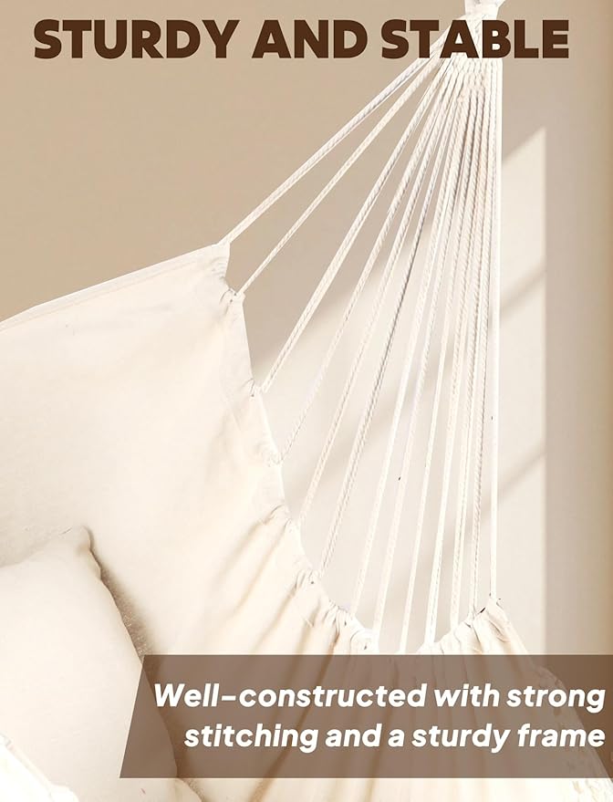 Chihee Hammock Chair Hanging Swing Max 500 Lbs 2 Cushions Included Metal Spreader Bar with Anti-Slip Grooves Portable Hanging Chair Side Pocket Large Macrame Bohemian Chair Indoor Outdoor