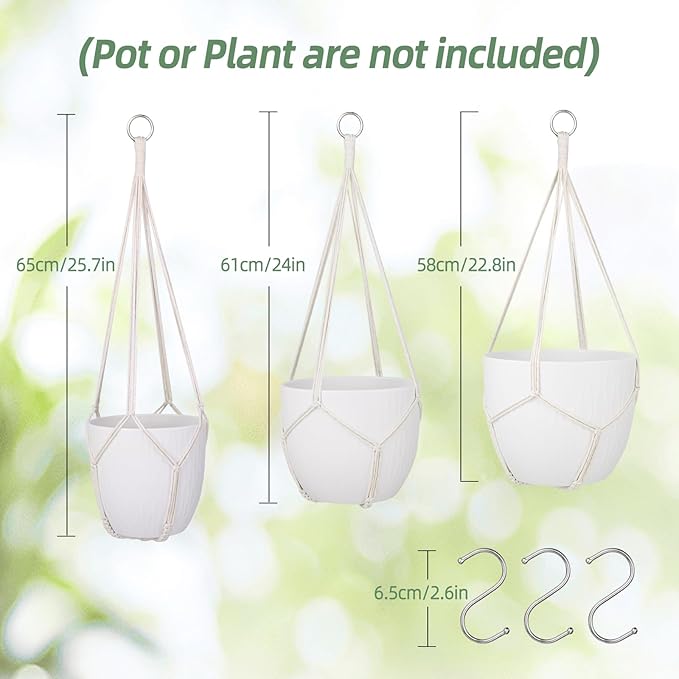 garini 3 Pack Different Size Macrame Plant Hanger,Hanging Plants Holder with 3 Hooks for Boho Home Decor(POTS NOT Included)