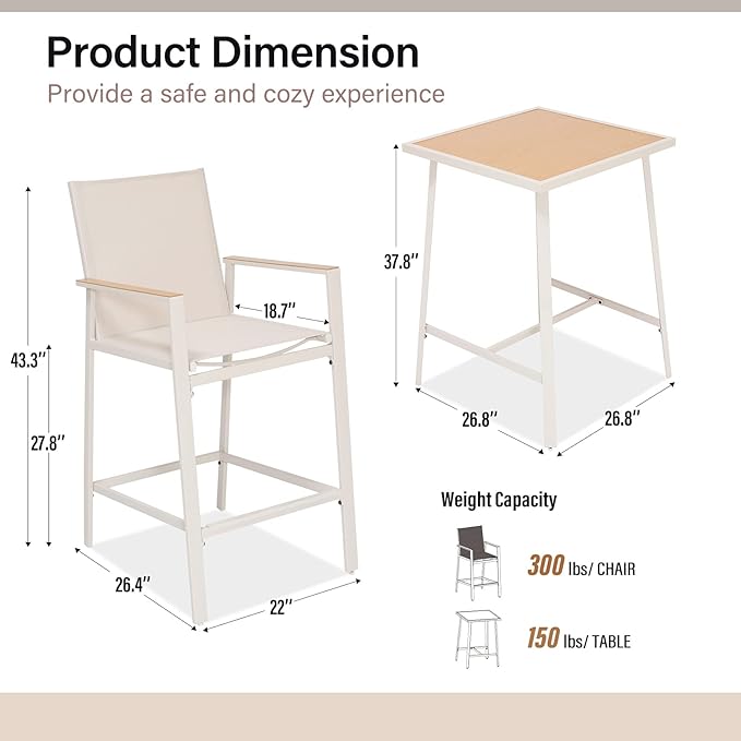 LAUSAINT HOME 3-Piece Patio Bar Set, All Weather Textilene Bar Height Table and Chairs Set with Wood Like-Top Table, Metal Counter Height Bar Stools and Table Set for Garden, Deck, Balcony