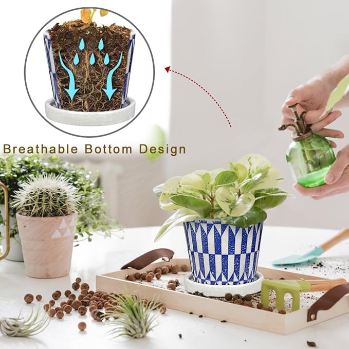 Small Ceramic Pots for Plants, 4.7 inch Blue and White Plant Pot Indoor with Drainage & Saucer Set of 3 Ceramic Planters for Indoor Plants Succulent Pot Decorative Flower Pots for Cactus, Orchid, Herb