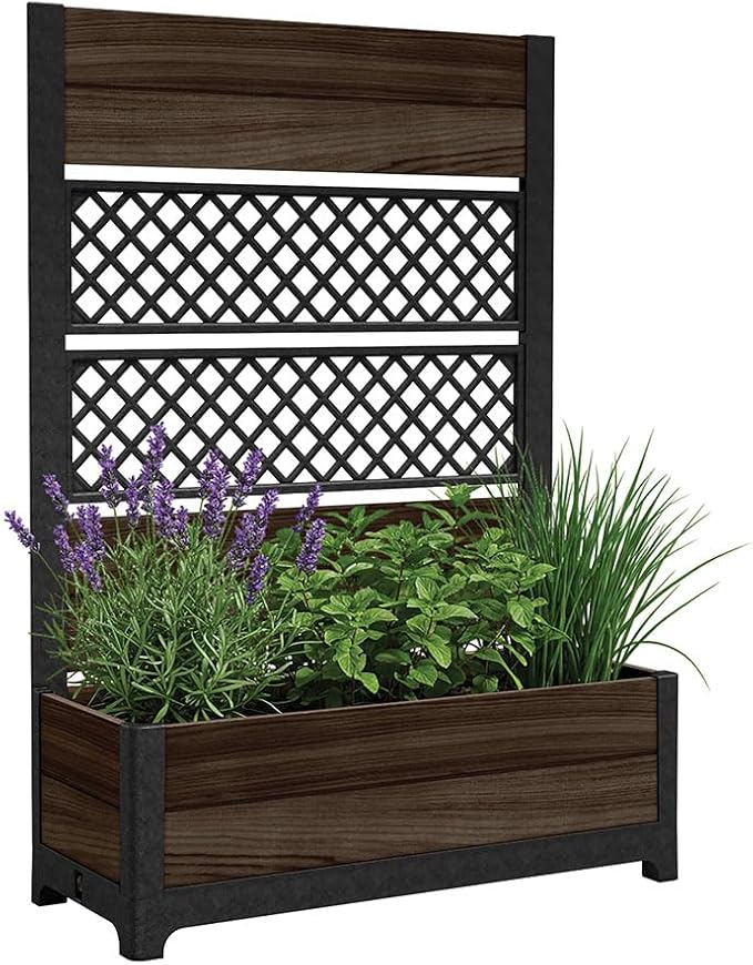 Keter Outdoor Planter Box with Privacy Screen and Trellis – 26 Gallon Raised Garden Bed for Climbing Plants & Flowers – Wood-Look Resin, Weather-Resistant Divider for Patio, Balcony & Backyard