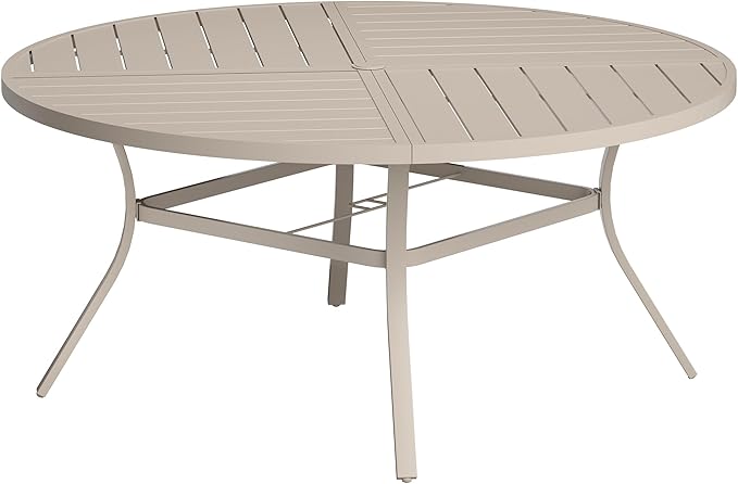 VICLLAX Round Patio Table with Adjustable Umbrella Hole for 8, All Weather Metal Outdoor Dining Table for Lawn Garden, 59.8" Outdoor Coffee Table, Cream Color Frame