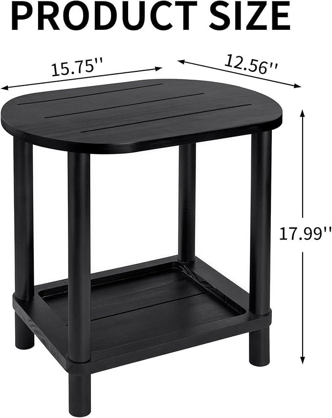 2 Tier Outdoor Side Table, Solid Wood Small Outdoor End Tables, Patio Table for Outside Backyard Balcony Porch Garden Lawn and Living Room, Weather Resistant & Easy Maintenance (Black)