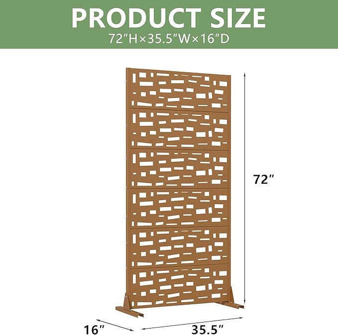 Casaphoria Metal Privacy Screen Outdoor, 72" H x 35" W Freestanding Decorative Privacy Screen for Patio Deck Balcony Garden with Stable Base, Brown-Geral