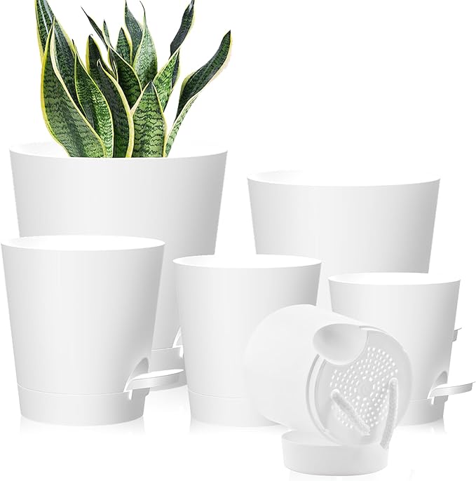Self Watering Pots, 7/6.5/6/5.5/5/4 inch Flower Pots with Multi Mesh Drainage Holes, Small Platic Planters for Indoor Outdoor Garden Plants and Flowers (White, 7"+6.5"+6"+5.5"+5"+4")