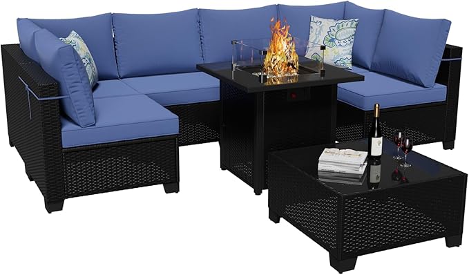 8 Piece Patio Furniture Set with Fire Pit Table, Wicker Outdoor Sectional Sofa, Conversation Set for Backyard, Garden, Deck (Coffee/Blue)