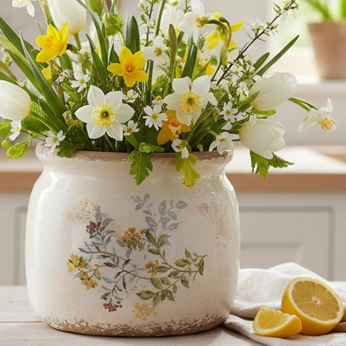 Pots for Plant, Cottage Rustic Clay Ceramic Tabletop Flower Pots, 6.29'' Plant Pots Indoor with Drainage, Sage Yellow Vase & Planters, Farmhouse Home & House Decor, Gifts for Mom