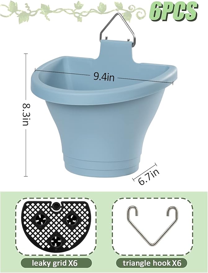 MADHOLLY 6Pcs Vertical Hanging Planters for Outdoor Plants - Wall Plant Holder for Indoor Decorations Garden Fence, Plastic Flower Pots with Drainage Grid and Hooks (Blue)