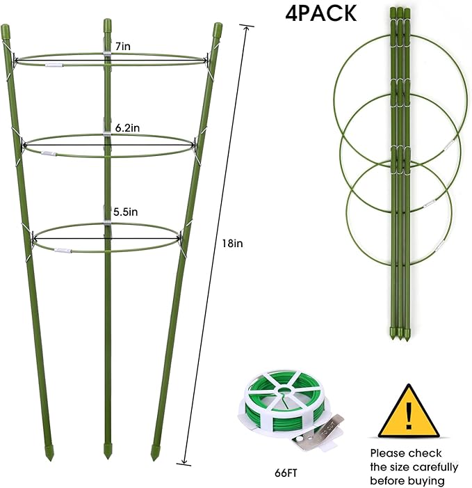 4 Pack Plant Support Tomato Cages for Garden, 18 Inches Small Tomato Cages and Supports with Adjustable Rings for Garden Pots, Plant Stakes Tomato Trellis Rings for Climbing Plants