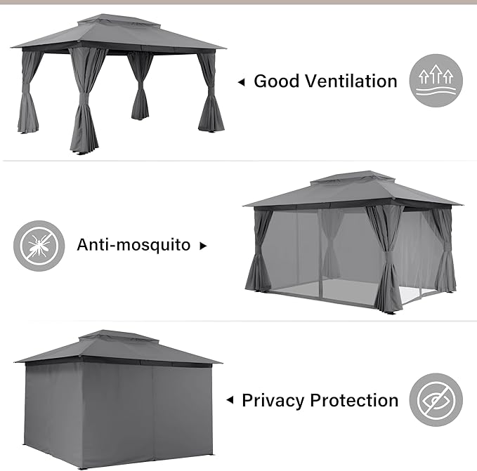LAUSAINT HOME Semi-Permanent Outdoor Patio Gazebo 10'x13', Heavy Duty Party Tent Shelter with Double Roofs, Mosquito Nettings and Privacy Screens for Backyard, Garden, Lawn, Gray