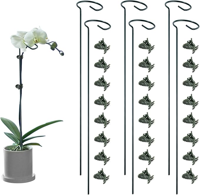 6 Pack Plant Support Stakes with 24 Pcs Plant Clips,Single Stem Support Stake Plant Cage Support Ring for Garden Flowers Rose Tomatoes Peony Lily Rose Herbs Vegetable (16 Inch)