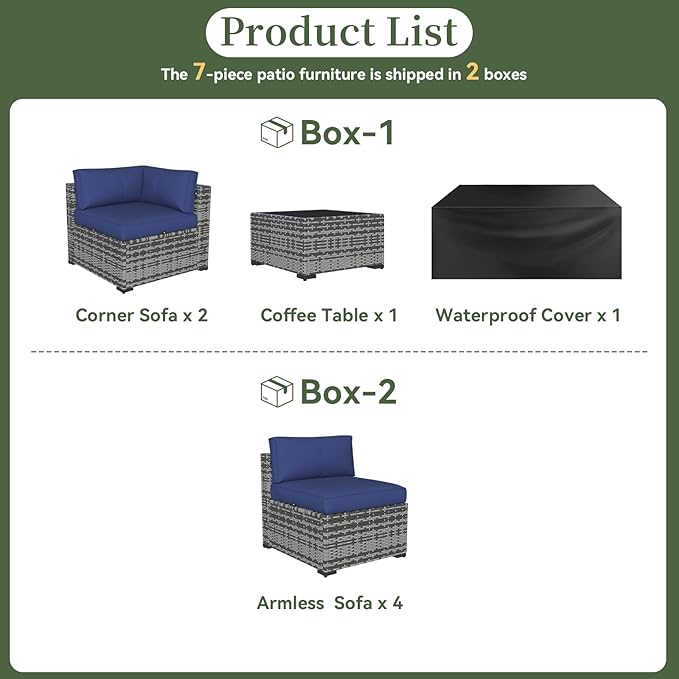 Aoxun 7 Piece Patio Furniture Set Wicker Rattan Patio Conversation Set Outdoor Sectional Sofa Set with Coffee Table and Thickened Cushions, Gray/Blue(Waterproof Cover Included)