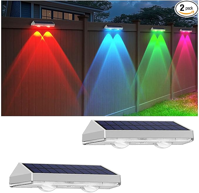2 Pack Solar Fence Lights Outdoor, 2PK Solar Outdoor Light Warm White & RGB Solar Powered Lights for Outside Backyard, Patio, Deck Fence, Stair Handrail, Pool and Wall
