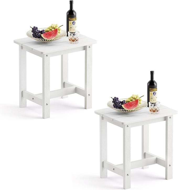 LUE BONA Outdoor Side Table Set of 2, HDPS Small Outdoor Table, Adirondack Side Table, Outside End Table for Patio, Porch, Deck, Pool, Weather Resistant/Easy Maintenance/Indoor or Outside Use, White