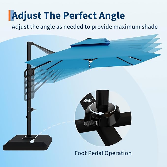 Garvee 10 ft Cantilever Patio Umbrella with Solar Lights, 360° Rotation Offset Umbrella, Easy Crank & Tilt Adjustment, UV Protection for Backyard, Poolside, Deck -Turquoise