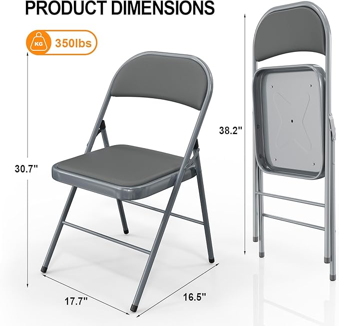VINGLI 6 Pack Folding Chairs with Padded Seats, Metal Frame with Pu Leather Seat & Back, Capacity 350 lbs, Gray