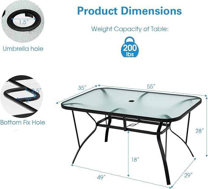 Tangkula 55" Patio Dining Table for 6, Rectangle Outdoor Dining Table with Tempered Glass Tabletop, Umbrella Hole & Metal Frame, 6-Person Outside Dining Table for Backyard, Lawn, Deck & Poolside