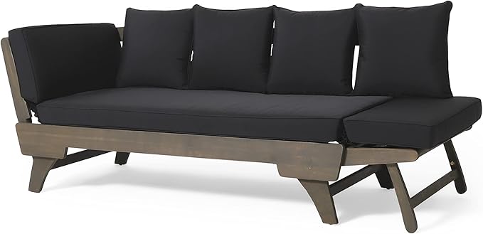 Merax Outdoor Patio Daybed Sofa,3-Seat Sofa with Foldable Arm 4 Back Pillows,Teak Acacia Wood Frame Beige Removable Cushion,Grey+Black