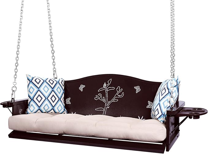 3-Seat Metal Porch Swing 900 LBS Heavy Duty Hanging Bench with Upgraded Tray & Cushions Rust-Resistant Finish Swing Chair with 8.9FT Chains for Patio Lawn Garden