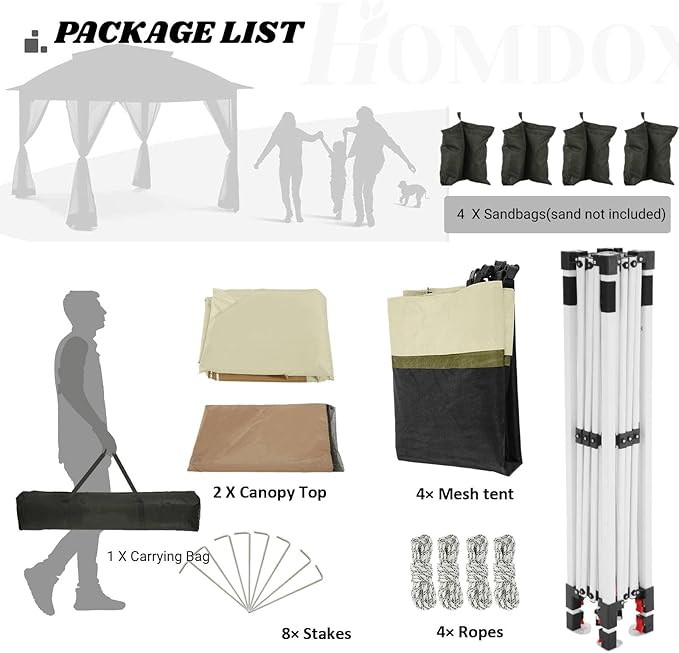 COBIZI 12x12 Pop Up Gazebo On Clearance - Upgrade Easy Up Metal Outdoor Canopy Waterproof - Portable Gazebo with Mosquito Nettings, 4 Ropes 8 Stakes and Carry Bag for Patio Garden(Khaki)
