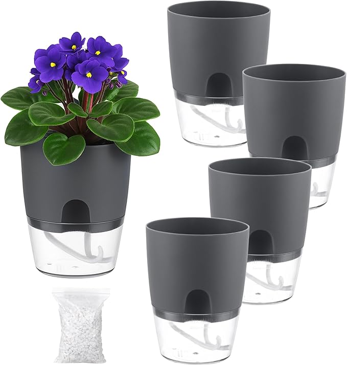 5 Pack Self Watering Pots for Indoor Plants, PlanterHoma 4 Inch Plant Pot Plastic Self Watering Planter for Orchid, African Violet, Small Clear Flower Pots with Drainage Holes and Wicking Rope, Grey