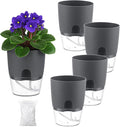 5 Pack Self Watering Pots for Indoor Plants, PlanterHoma 4 Inch Plant Pot Plastic Self Watering Planter for Orchid, African Violet, Small Clear Flower Pots with Drainage Holes and Wicking Rope, Grey