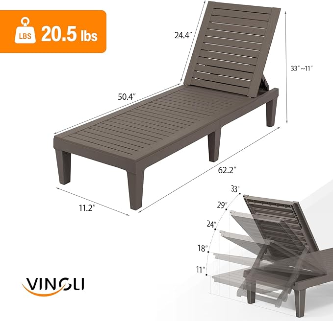 VINGLI Outdoor Chaise Lounge Chair for Outside Pool Patio, Adjustable Waterproof Easy Assembly Chaise Lounge Outdoor (Light Taupe, 1 PCS)