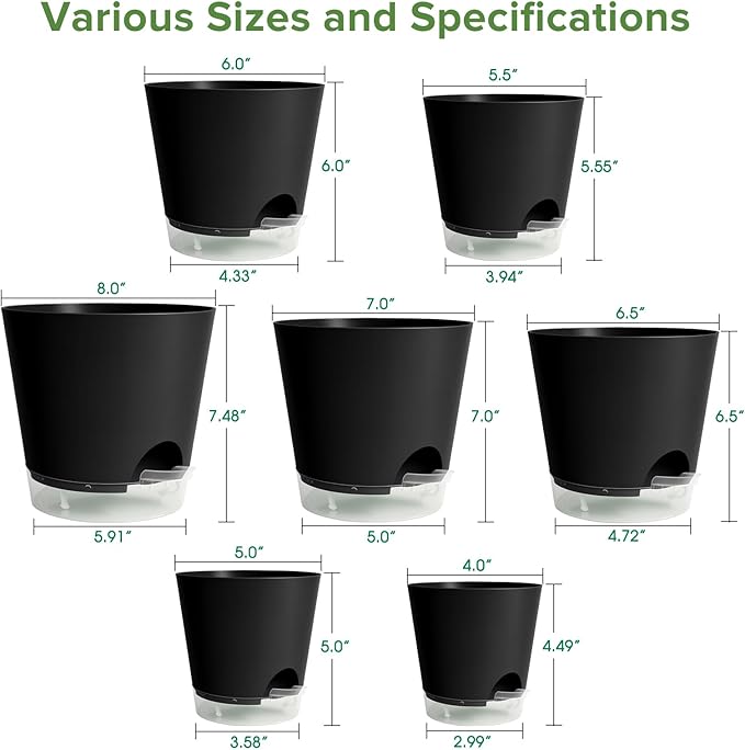 GARDIFE 2026 Upgraded Self Watering Plant Pots with Drainage Hole, 8/7/6.5/6/5.5/5/4 Inch Flower Planting Containers for House Plants, African Violet, Flowers, Cactus (Black, 8+7+6.5+6+5.5+5+4 inch)
