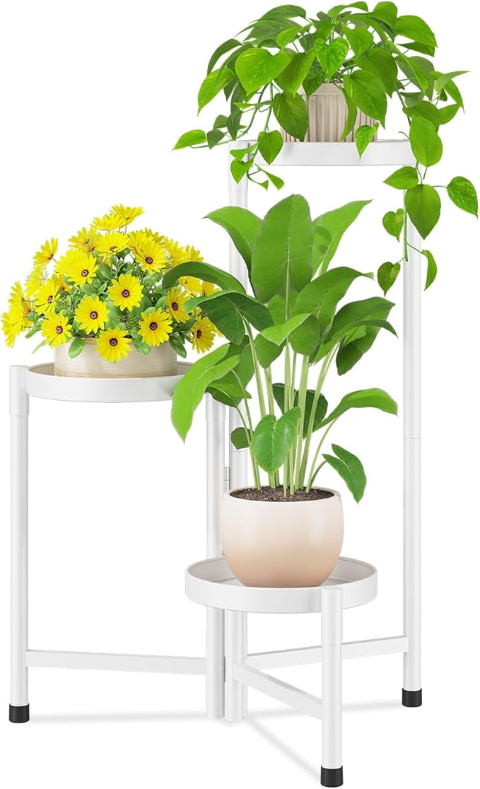 iDavosic.ly Plant Stand Indoor Outdoor, 3 Tier Corner Metal Flower Display Holder Shelf, Easy Assembly Folding Tall Orchid Rack for Patio Balcony Porch Garden Living Room House, White