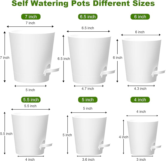 Self Watering Pots, 7/6.5/6/5.5/5/4 inch Flower Pots with Multi Mesh Drainage Holes, Small Platic Planters for Indoor Outdoor Garden Plants and Flowers (White, 7"+6.5"+6"+5.5"+5"+4")