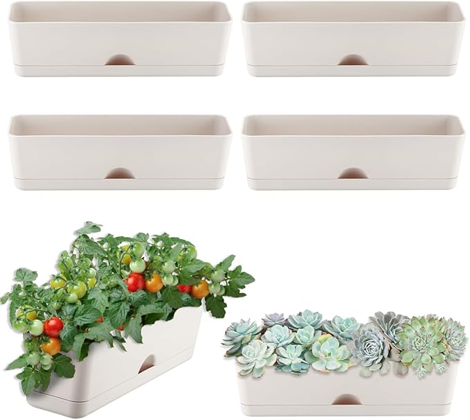 6 Pack Rectangle Planter 16x4.4 Inch Window Boxes Planters Rectangular Large Window Sill Planters Indoor Self Watering Plant Pots with Drainage Holes and Saucers Succulent Herb Flower Pots, Light Grey