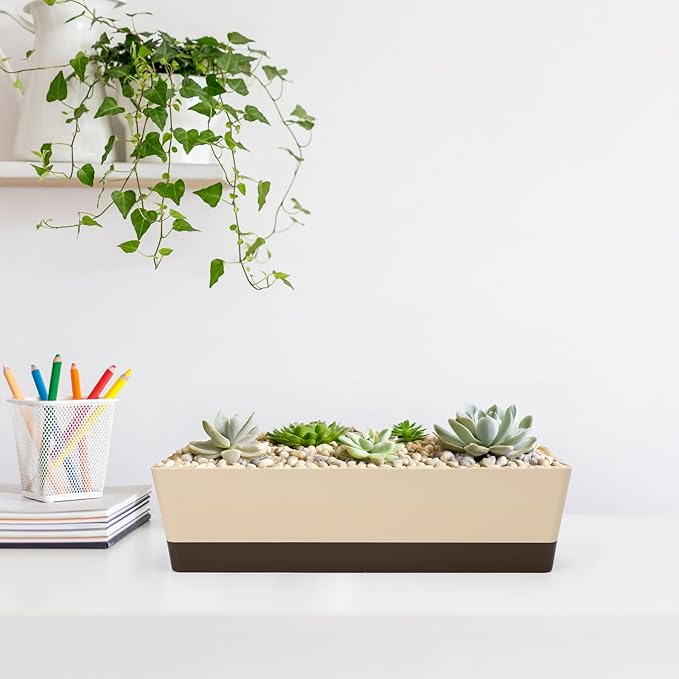GREANER Window Boxes, 1 Pack 16 x3.8 Inch Indoor Rectangle Planter, Herb Succulent Cactus Window Box with Saucer, Modern Plastic Plant Pot for Windowsill, Garden Balcony, Home Office Outdoor Decor