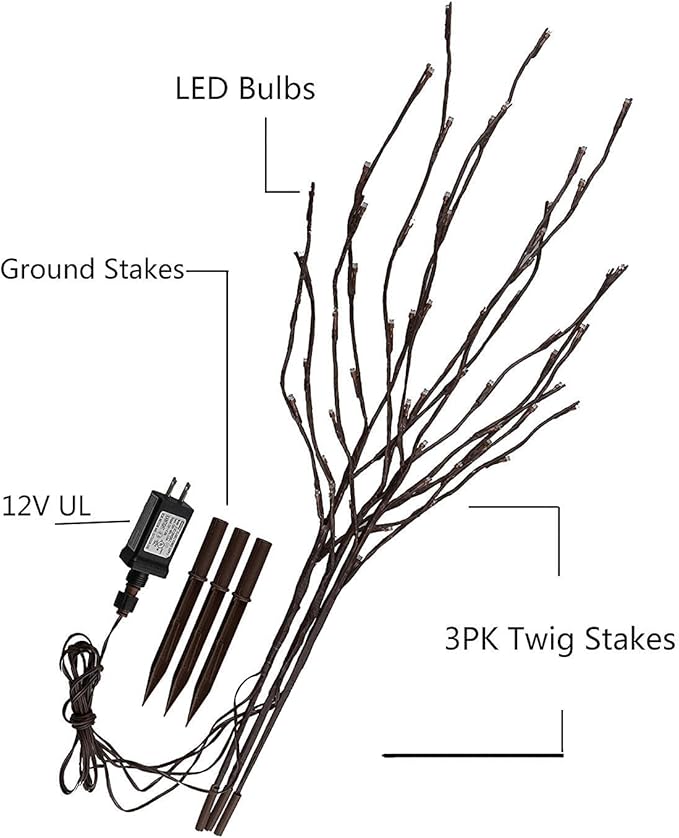 Vanthylit 3PK 30" Brown Lighted Twig Branches Pathway Light 60 LED Warm White Bulbs for Outdoor and Indoor