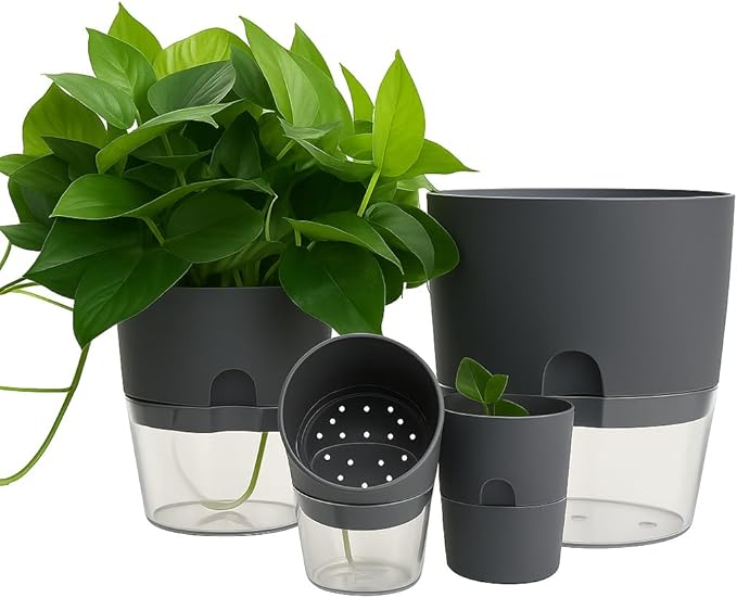 Self Watering Planter Pot with Upgraded Wick System – Modern Indoor Plant Pot with Visible Water Reservoir