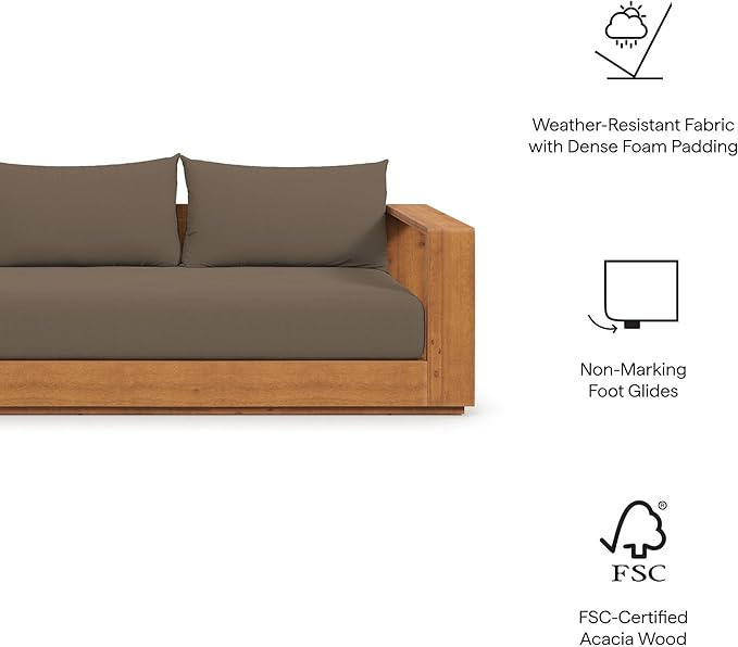 Modway Tahoe Acacia Wood Outdoor Patio Sofa in Natural Cocoa with Weather-Resistant Cushions - Ideal as a Porch Couch or Sunroom Sofa