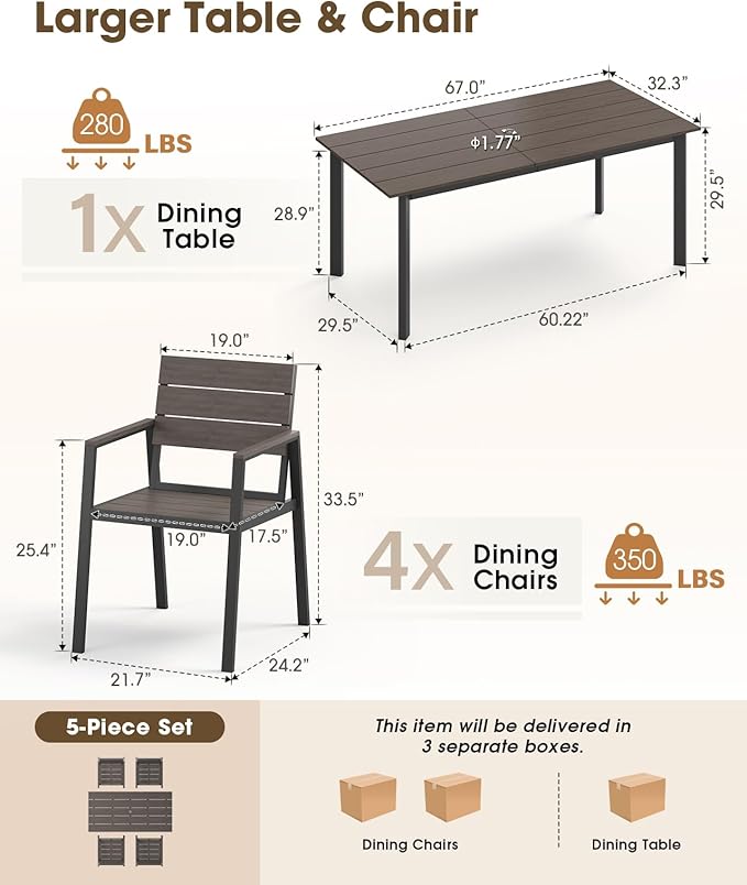 Outdoor Patio Dining Sets, Aluminum 5 Piece HDPS Outdoor Dining Table and Chairs Set with Umbrella Hole, Modern Rectangular Patio Furniture Set with All-Weather Table and 4 Chairs (Charcoal)
