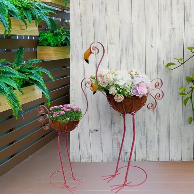 Metal Flamingo Planter with Basket -Garden Bird Planters for Outdoor Indoor Lawn,Yard,Porch,Patio, Garden Decorations（Set of 2）