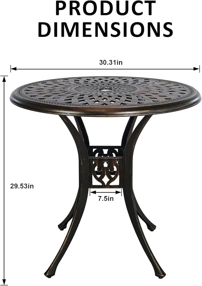 30.31" Outdoor Patio Dining Table, Cast Aluminum Patio Bistro Table, Round Patio Metal Table, Patio Furniture Set with 2.36" Umbrella Hole for Balcony Lawn Garden Backyard
