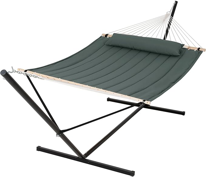 SUNCREAT Standing Hammock with 15 ft Stand, Hammocks for Outside, Gray Green