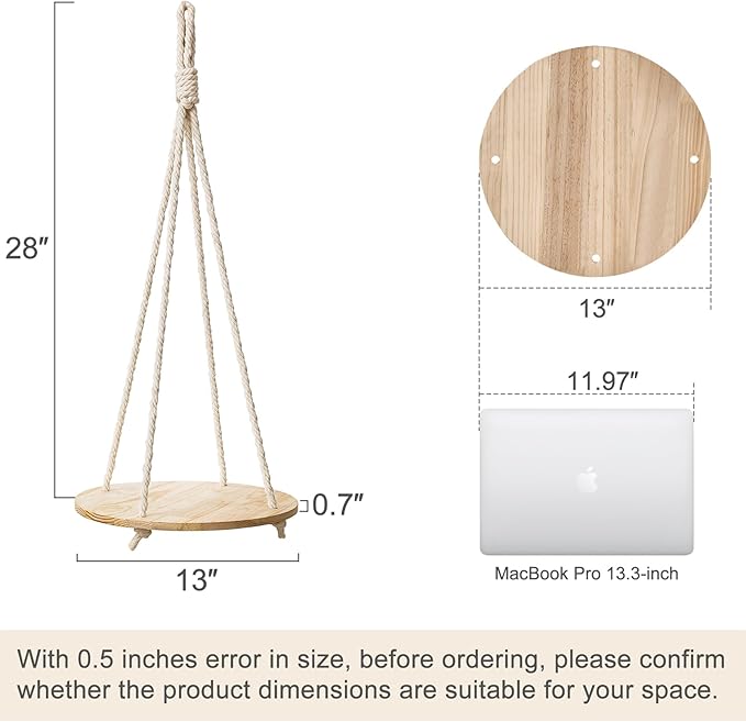 Dahey Hanging Plant Shelf Round Wood Rope Hanging Floating Shelf Boho Home Decor Display Planter Rack for Living Room Bedroom Kitchen Room,Nature