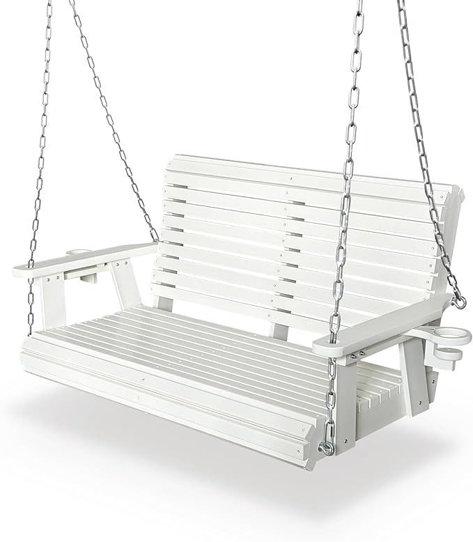 HDPE Porch Swing with 18/8 Stainless Steel Bolts, Ergonomic Design, Ultra Weather-Resistant, Heavy Duty 1200 LBS, for Outdoor Patio Garden Yard (Vanilla White)